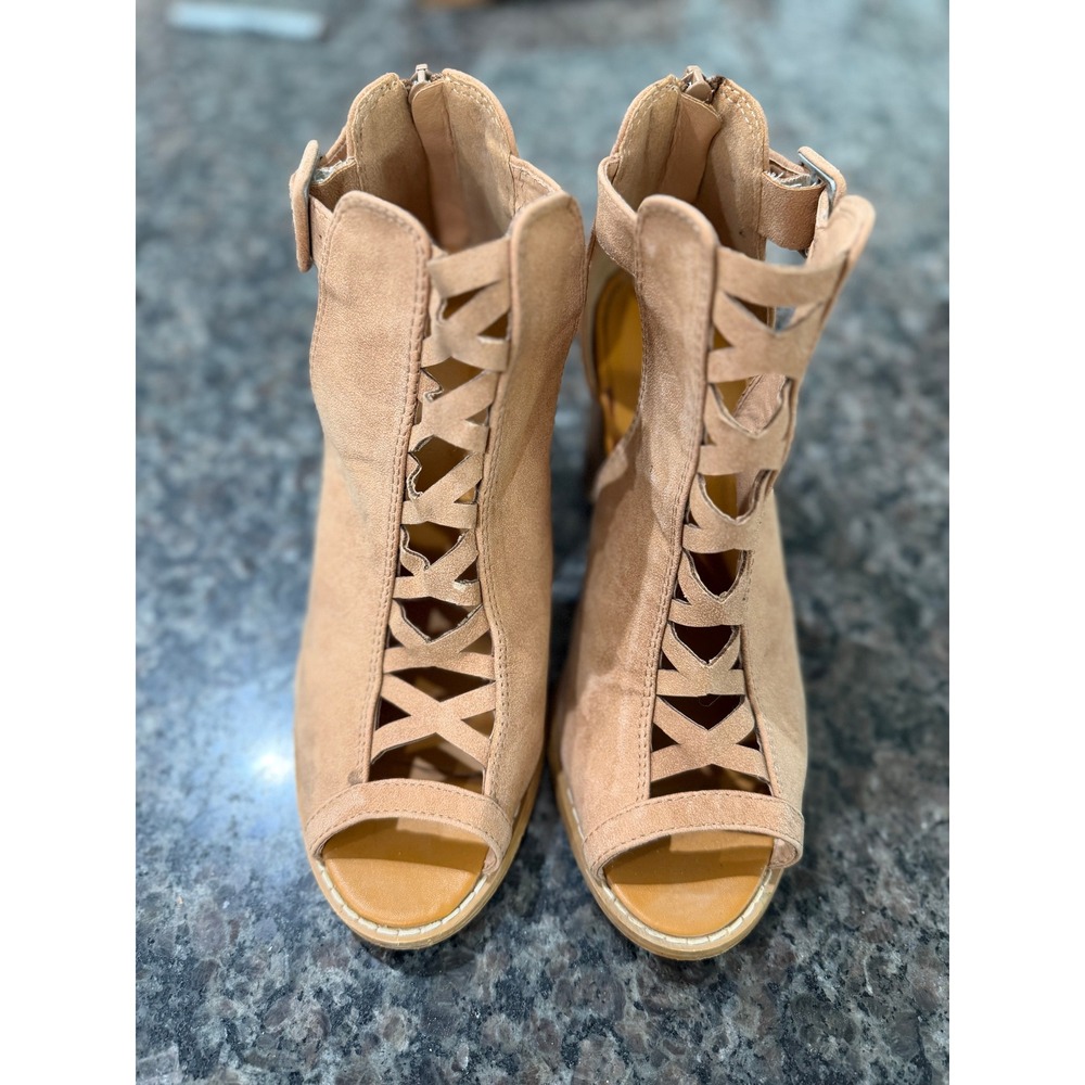 Tan Faux Suede Cage‎ Block Heel Sandals Open Toe Lace Up Cutout Booties Size 8.5